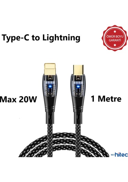 6A 20W Type-C To Lightning 1metre Hızlı Data ve Şarj Kablosu Siyah Ömür Boyu Garanti YK255S