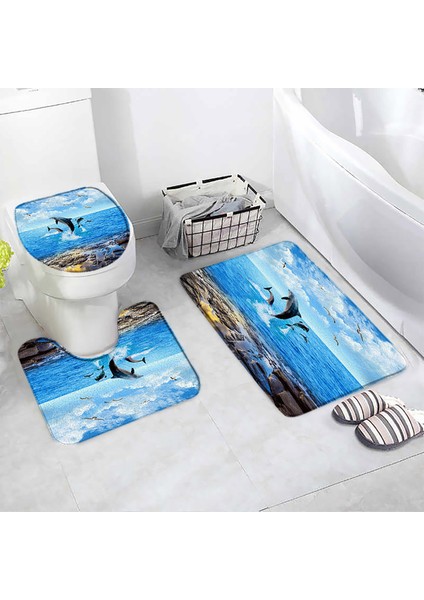 470CY-3PCS Set 60X40CM-23.6X15.7IN Okyanus Plaj Banyo Paspasları Seti Denizyıldızı Kabuklu Palmiye Ağaçları Yunus Doğa Manzara Ev Banyo Dekor Kapı Halıları Halı Tuvalet Kapağı Mat (Yurt Dışından)