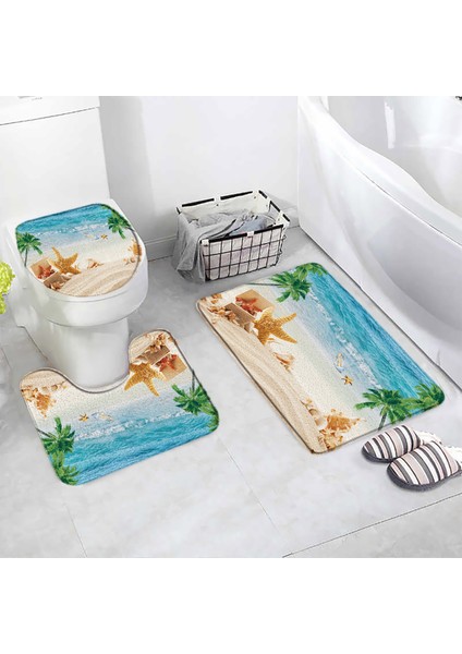 470CY-3PCS Set 60X40CM-23.6X15.7IN Okyanus Plaj Banyo Paspasları Seti Denizyıldızı Kabuklu Palmiye Ağaçları Yunus Doğa Manzara Ev Banyo Dekor Kapı Halıları Halı Tuvalet Kapağı Mat (Yurt Dışından) modelleri