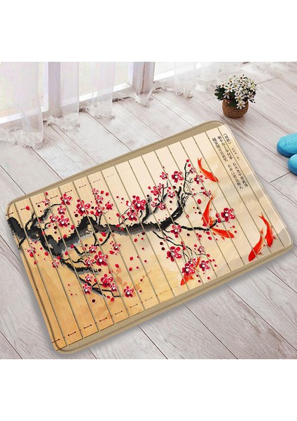 DD-60974J 60X40CM-23.6X15.7IN 3 Adet Set Çin Tarzı Kırmızı Erik Balık Bambu Baskı Banyo Paspas Yatak Odası Mutfak Kaymaz Halı Tuvalet Kapağı Halı Duş Odası Dekor (Yurt Dışından)
