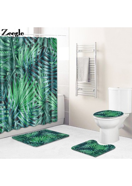 3 ADET-B052 Yeşil Bitki Banyo Paspas ve Duş Perde Seti Banyo Dekor Halı Emici Yapraklar Baskılı Tuvalet Paspas Kilim Flanel Ayak Mat Seti (Yurt Dışından) modelleri