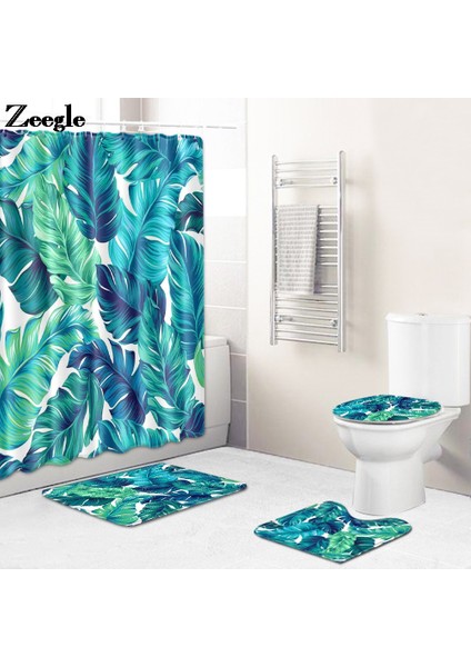 3 ADET-B052 Yeşil Bitki Banyo Paspas ve Duş Perde Seti Banyo Dekor Halı Emici Yapraklar Baskılı Tuvalet Paspas Kilim Flanel Ayak Mat Seti (Yurt Dışından) fırsatları