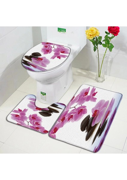 601X-3PCS Set 45X75CM-17.7X29.5IN Mor Orkide Zen Banyo Paspasları Setleri Beyaz Mum Siyah Masaj Taşı Asya Spa Modern Kapı Kilim Ev Banyo Dekor Tuvalet Kapağı Mat (Yurt Dışından)
