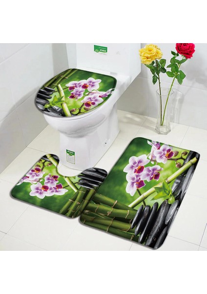 601X-3PCS Set 45X75CM-17.7X29.5IN Mor Orkide Zen Banyo Paspasları Setleri Beyaz Mum Siyah Masaj Taşı Asya Spa Modern Kapı Kilim Ev Banyo Dekor Tuvalet Kapağı Mat (Yurt Dışından)
