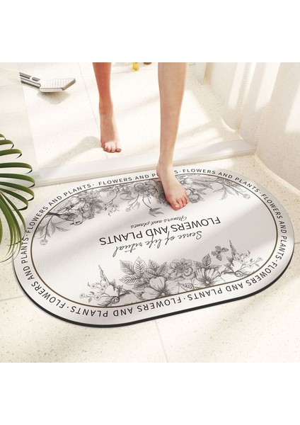 F 60 x 90 cm Emici Diyatomlu Toprak Banyo Paspasları Buket Desen Oval Hızlı Kuruyan Yıkanabilir Banyo Halıları Kauçuk Kaymaz Destekli Yarım Daire (Yurt Dışından)