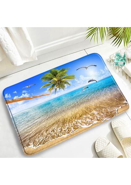 DD-2138ZY 45X75CM-17.7X29.5IN Gün Batımı Okyanus Plaj Manzarası Banyo Banyo Paspasları Yeşil Palmiye Ağacı Yunus Tropikal Bitkiler Baskılı Yatak Odası Mutfak Kaymaz Halı (Yurt Dışından)