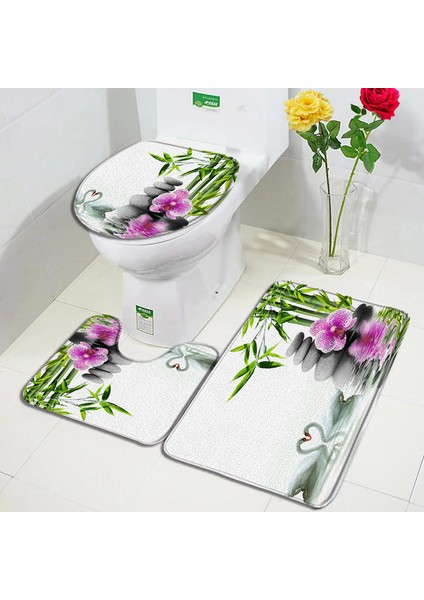 3937YY-3 Adet Set 75X45CM-29.5X17.7IN Yeşil Bambu Zen Banyo Paspas Seti Orkide Lotus Masaj Taş Asya Spa Kapı Pedi Modern Banyo Dekor Kaymaz Halı Tuvalet Kapağı Mat (Yurt Dışından)