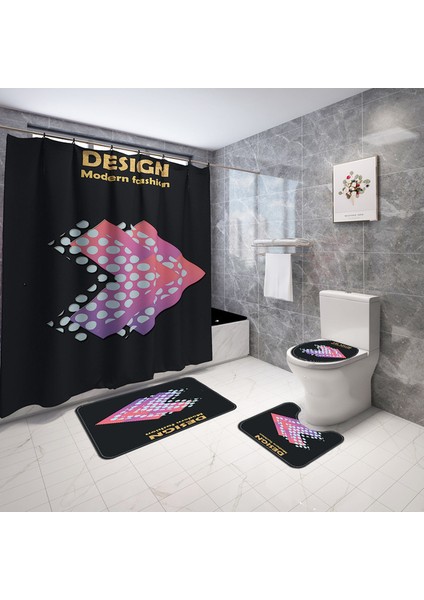 4PCS-1070 Gösterildiği Gibi Ekose Baskılı Banyo Halı Kilim Banyo Paspas ve Su Geçirmez Duş Perdesi Seti Bellek Köpük Klozet Kapağı Mat Ayak Paspasları (Yurt Dışından)