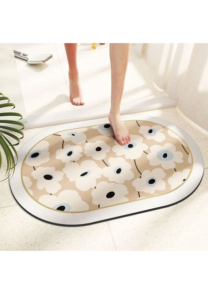 E 40 x 60 cm Emici Diyatomlu Toprak Banyo Paspasları Buket Desen Oval Hızlı Kuruyan Yıkanabilir Banyo Halıları Kauçuk Kaymaz Destekli Yarım Daire (Yurt Dışından)