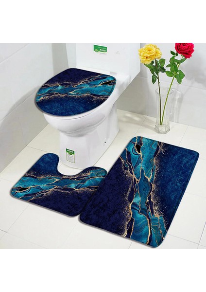 9800R-3 Adet Set 45X75CM-17.7X29.5IN Soyut Mavi Mermer Banyo Paspasları 3 Adet Set Yaratıcı Altın Çizgi Geometrik Flanel Halı Banyo Dekor Halı Kaymaz Tuvalet Kapağı Mat (Yurt Dışından)