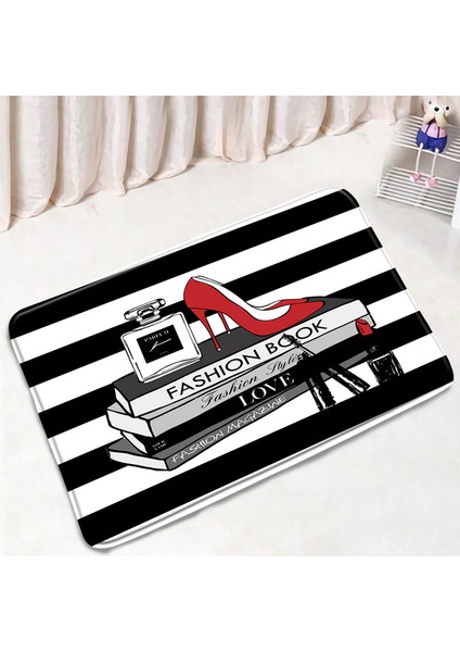DD-8626BL 75X45CM-29.5X17.7IN Moda Parfüm Banyo Paspasları Setleri Çiçekler Siyah ve Beyaz Çizgili Kapı Halı Kadın Kızlar Ev Banyo Dekor Flanel Tuvalet Kapağı Mat (Yurt Dışından)