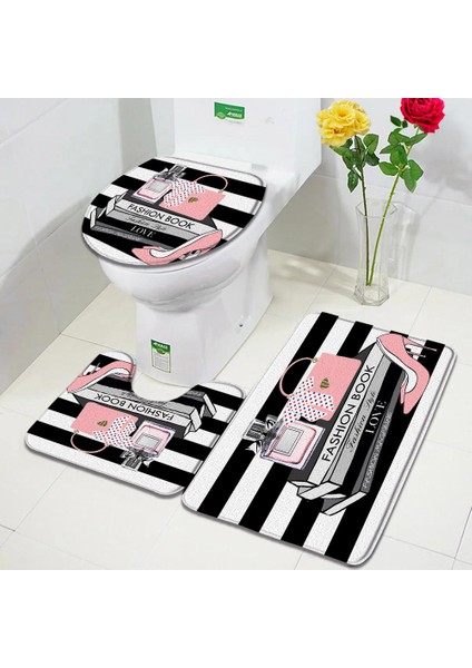 DD-8626BL 75X45CM-29.5X17.7IN Moda Parfüm Banyo Paspasları Setleri Çiçekler Siyah ve Beyaz Çizgili Kapı Halı Kadın Kızlar Ev Banyo Dekor Flanel Tuvalet Kapağı Mat (Yurt Dışından) fiyatları