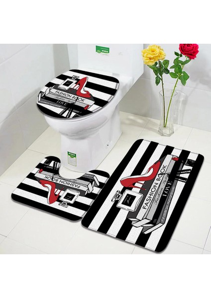 DD-8626BL 75X45CM-29.5X17.7IN Moda Parfüm Banyo Paspasları Setleri Çiçekler Siyah ve Beyaz Çizgili Kapı Halı Kadın Kızlar Ev Banyo Dekor Flanel Tuvalet Kapağı Mat (Yurt Dışından) indirimleri