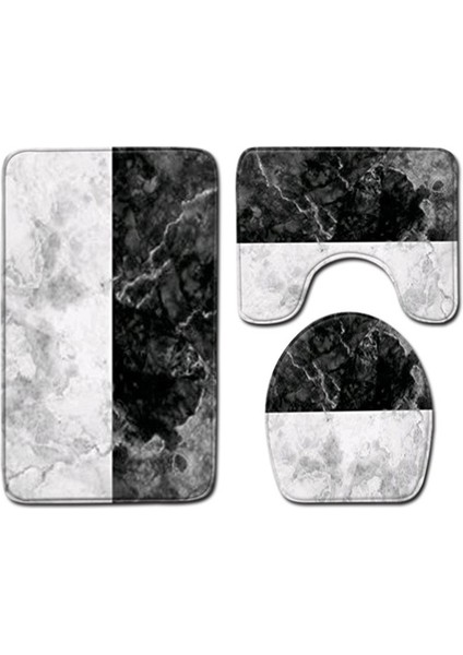 Beyaz - Siyah 3 Adet Yüksek Kaliteli Mermer Desen Ev Dekor Kaymaz Klozet Kapağı Kapak Banyo Paspasları Banyo Paspas Seti Kaide Halı (Yurt Dışından)