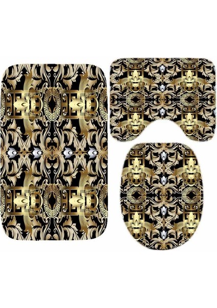 D 50X80CM 3pcs Lüks Siyah Altın Yunan Anahtar Menderes Sınır Banyo Halı Seti Modern Geometrik Süslü Banyo Kapı Mat Tuvalet Zemin Halı Dekor Için (Yurt Dışından)