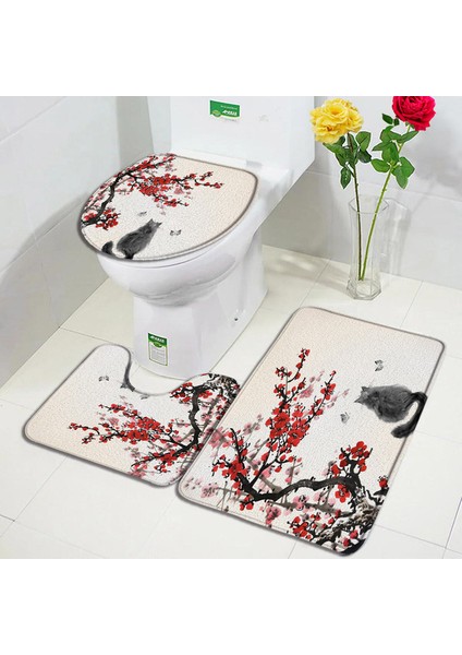 6015T-3PCS Set 40X60CM-15.7X23.6IN Çiçek Parfüm Banyo Paspasları Setleri Kelebek Pembe Çiçek Siyah Beyaz Çizgili Baskı Kapı Kilim Banyo Dekor Kaymaz Tuvalet Kapağı Mat (Yurt Dışından)