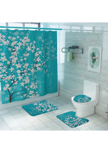 4PCS-375 Klasik Çiçek Banyo Paspas Kaymaz Mikrofiber Banyo Paspas ve Duş Perde Seti Banyo Halısı Tuvalet Banyo Halı Paspas (Yurt Dışından)