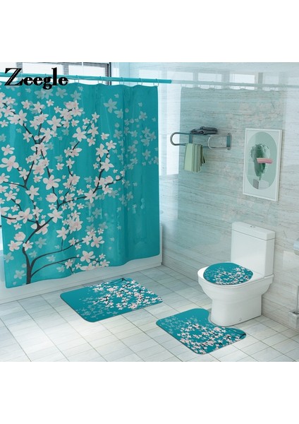 4PCS-375 Klasik Çiçek Banyo Paspas Kaymaz Mikrofiber Banyo Paspas ve Duş Perde Seti Banyo Halısı Tuvalet Banyo Halı Paspas (Yurt Dışından)