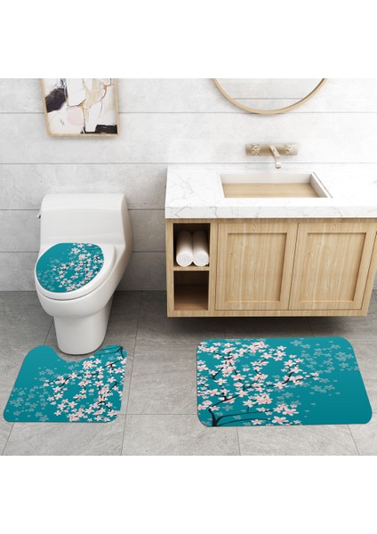 4PCS-375 Klasik Çiçek Banyo Paspas Kaymaz Mikrofiber Banyo Paspas ve Duş Perde Seti Banyo Halısı Tuvalet Banyo Halı Paspas (Yurt Dışından)