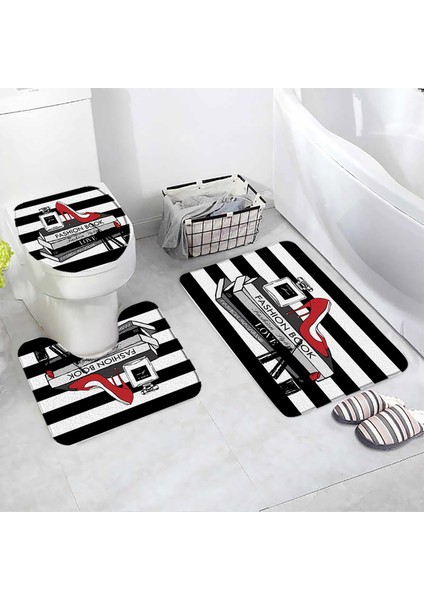 8626BL-3PCS Set 45X75CM-17.7X29.5IN Çiçek Parfüm Banyo Paspasları Setleri Kelebek Pembe Çiçek Siyah Beyaz Çizgili Baskı Kapı Kilim Banyo Dekor Kaymaz Tuvalet Kapağı Mat (Yurt Dışından)