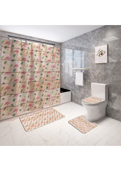 4PCS-1040 Gösterildiği Gibi Flamingo Baskı Banyo Paspas ve Duş Perdesi Su Emici Banyo Halı Kilim Ev Dekor Tuvalet Mat Kaymaz Zemin Halı Seti (Yurt Dışından)