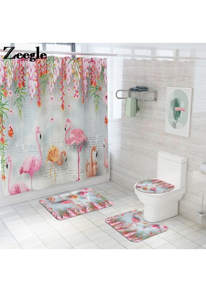 4PCS-1040 Gösterildiği Gibi Flamingo Baskı Banyo Paspas ve Duş Perdesi Su Emici Banyo Halı Kilim Ev Dekor Tuvalet Mat Kaymaz Zemin Halı Seti (Yurt Dışından) modelleri