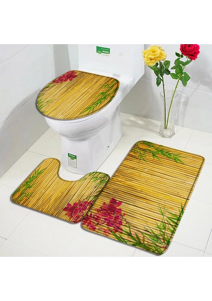 83336J-3PCS Set 60X40CM-23.6X15.7IN 3 Adet Set Çin Tarzı Kırmızı Erik Balık Bambu Baskı Banyo Paspas Yatak Odası Mutfak Kaymaz Halı Tuvalet Kapağı Halı Duş Odası Dekor (Yurt Dışından)