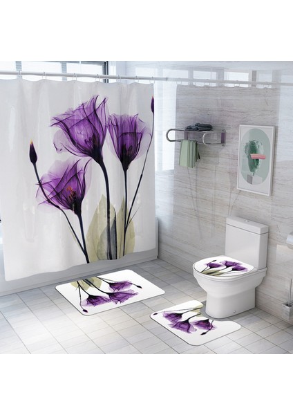 4PCS-268 Resim Olarak Göster Çiçek Banyo Paspası ve Duş Perdesi Seti Kancalı Duş Perdesi Banyo Halıları Kaymaz Banyo Halısı Tuvalet Ayak Pedi Banyo Paspası (Yurt Dışından)