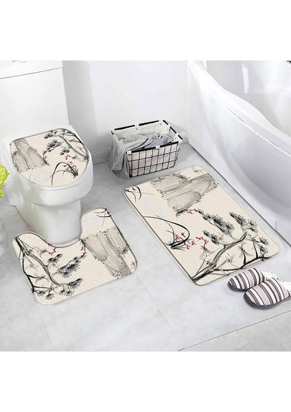 52CY-3 Adet Set 60X40CM-23.6X15.7IN 3 Adet Set Çin Tarzı Kırmızı Erik Balık Bambu Baskı Banyo Paspas Yatak Odası Mutfak Kaymaz Halı Tuvalet Kapağı Halı Duş Odası Dekor (Yurt Dışından)