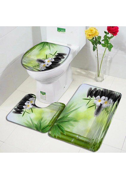 4370G-3PCS Set 60X40CM-23.6X15.7IN Yeşil Bambu Zen Banyo Paspasları Seti Orkide Lotus Masaj Taşı Asya Spa Kapı Pedi Modern Banyo Dekor Kaymaz Halı Tuvalet Kapağı Mat (Yurt Dışından)