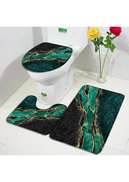 9223AC-3PCS Set 40X60CM-15.7X23.6IN Zümrüt Yeşili Mermer Banyo Paspas Seti Altın Çizgi Siyah Dokulu Desen Modern Geometrik Banyo Dekor Kaymaz Halı Tuvalet Kapağı Kapağı (Yurt Dışından) modelleri