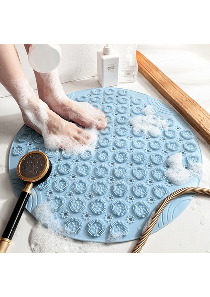 Mavi 52X52 cm Yuvarlak Kaymaz Banyo Paspas Emniyet Duşu Pvc Banyo Paspas Tahliye Deliği Plastik Masaj Ayak Pedi Banyo Aksesuarları Seti (Yurt Dışından)