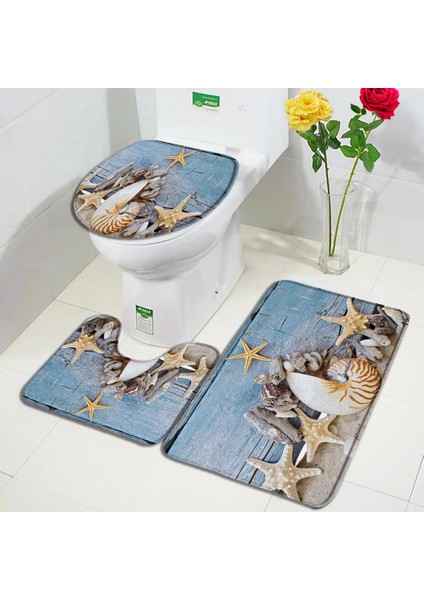 84025J-3PCS Set 45X75CM-17.7X29.5IN Plaj Denizyıldızı Banyo Paspas Seti Okyanus Kabuklu Denizyıldızı Deniz Dalgaları Doğa Manzarası Banyo Dekor Halı Kaymaz Kilim Tuvalet Kapağı Kapağı (Yurt Dışından)