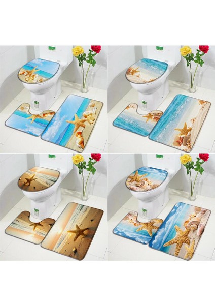 84025J-3PCS Set 45X75CM-17.7X29.5IN Plaj Denizyıldızı Banyo Paspas Seti Okyanus Kabuklu Denizyıldızı Deniz Dalgaları Doğa Manzarası Banyo Dekor Halı Kaymaz Kilim Tuvalet Kapağı Kapağı (Yurt Dışından)