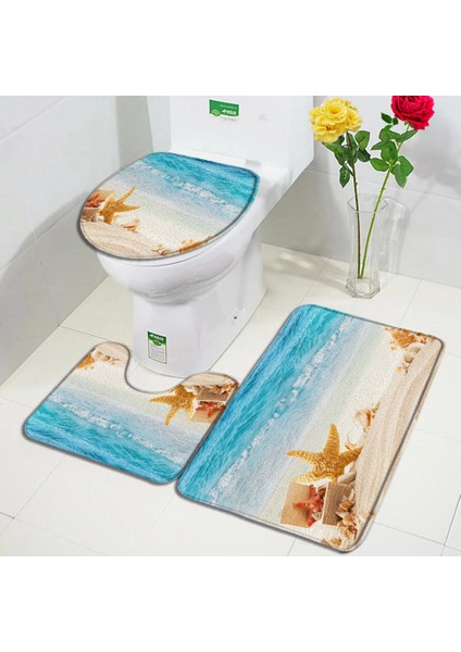 84025J-3PCS Set 45X75CM-17.7X29.5IN Plaj Denizyıldızı Banyo Paspas Seti Okyanus Kabuklu Denizyıldızı Deniz Dalgaları Doğa Manzarası Banyo Dekor Halı Kaymaz Kilim Tuvalet Kapağı Kapağı (Yurt Dışından)