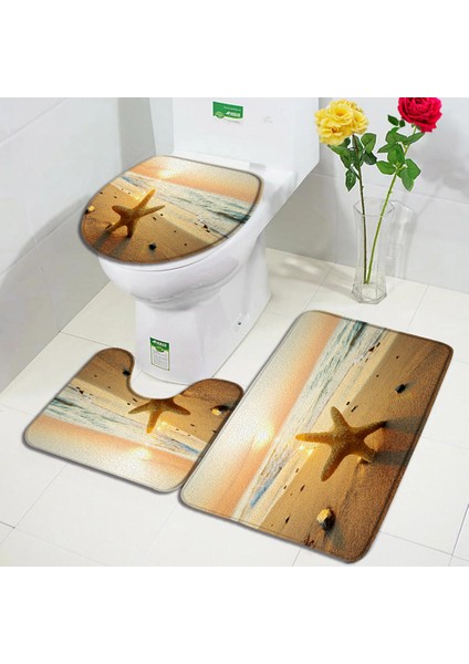 84025J-3PCS Set 45X75CM-17.7X29.5IN Plaj Denizyıldızı Banyo Paspas Seti Okyanus Kabuklu Denizyıldızı Deniz Dalgaları Doğa Manzarası Banyo Dekor Halı Kaymaz Kilim Tuvalet Kapağı Kapağı (Yurt Dışından)