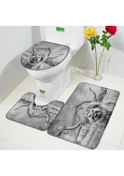 418AH-3PCS Set 75X45CM-29.5X17.7IN Çiftlik Hayvanı Yayla Inek Kapı Paspasları Kahverengi Sığır Çim Retro Ahşap Pazen Banyo Paspas Ev Odası Mutfak Banyo Dekor Kaymaz Halı (Yurt Dışından)