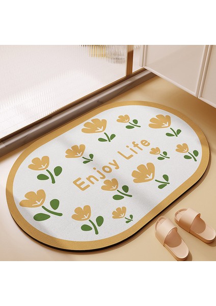 Q 60 x 90 cm Emici Diyatomlu Toprak Banyo Paspasları Buket Desen Oval Hızlı Kuruyan Yıkanabilir Banyo Halıları Kauçuk Kaymaz Destekli Yarım Daire (Yurt Dışından)