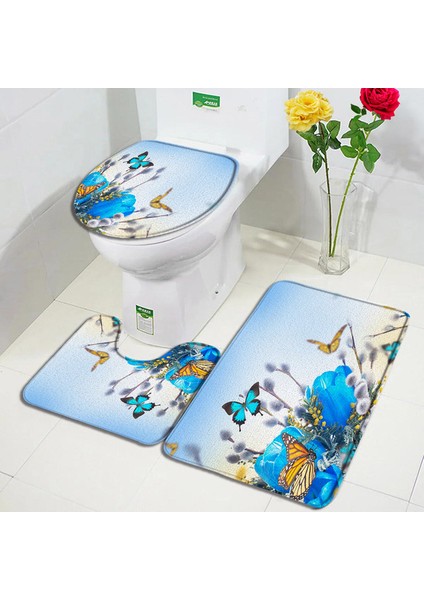 4878AF-3PCS Set 45X75CM-17.7X29.5IN Kelebek Çiçekler Banyo Paspas Seti Mor Sarı Papatya Çiçek Bitkiler Bahar Rustik Manzara Banyo Dekor Kaymaz Halılar Tuvalet Kapağı (Yurt Dışından)
