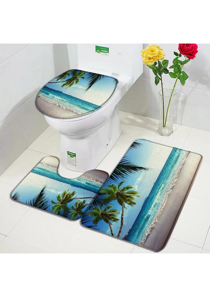 537ZF-3 Adet Set 60X40CM-23.6X15.7IN Okyanus Plaj Banyo Paspas Seti Palmiye Yaprakları Köprü Tekne Kuş Hawaii Doğa Manzara Banyo Halı Kapı Kilim Kaymaz Tuvalet Kapağı Mat (Yurt Dışından)