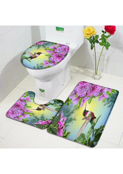 80273J-3PCS Set 60X40CM-23.6X15.7IN 3 Adet Set Çin Tarzı Kırmızı Erik Balık Bambu Baskı Banyo Paspas Yatak Odası Mutfak Kaymaz Halı Tuvalet Kapağı Halı Duş Odası Dekor (Yurt Dışından)