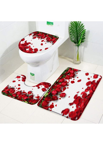 9711AE-3PCS Set 45X75CM Gül Çiçek Banyo Paspas Seti Kırmızı Taze Çiçek Tarlaları ve Bahçe Tesisi Kaymaz Tuvalet Kapağı Ayak Halı Paspas Banyo Aksesuar Seti (Yurt Dışından)