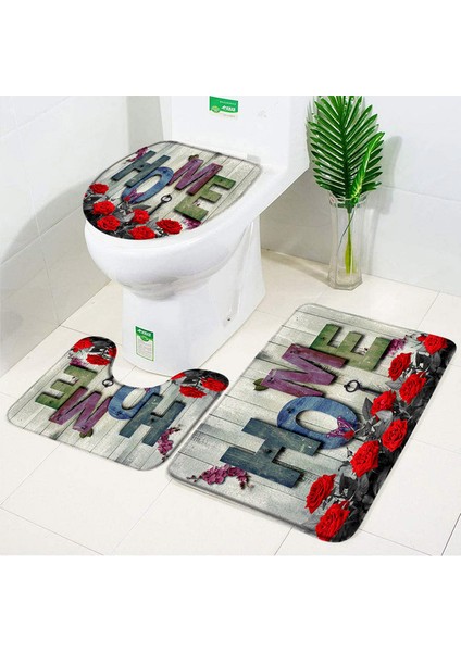 8133AE-3PCS Set 40X60CM Gül Çiçek Banyo Paspas Seti Kırmızı Taze Çiçek Tarlaları ve Bahçe Tesisi Kaymaz Tuvalet Kapağı Ayak Halı Paspas Banyo Aksesuar Seti (Yurt Dışından)