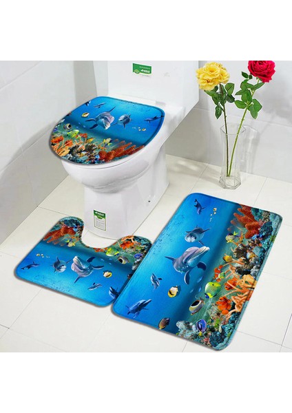 46SE-3 Adet Set 40X60CM-15.7X23.6IN Komik Yunus Banyo Paspas Seti Deniz Kaplumbağası Balık Hayvan Sualtı Manzara Çocuk Banyo Dekor Halı Kaymaz Halı Tuvalet Kapağı Paspaslar (Yurt Dışından)