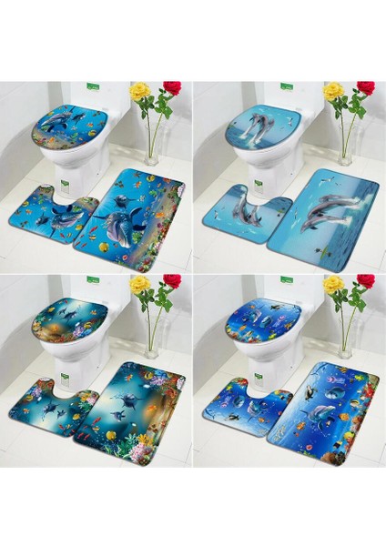46SE-3 Adet Set 40X60CM-15.7X23.6IN Komik Yunus Banyo Paspas Seti Deniz Kaplumbağası Balık Hayvan Sualtı Manzara Çocuk Banyo Dekor Halı Kaymaz Halı Tuvalet Kapağı Paspaslar (Yurt Dışından)