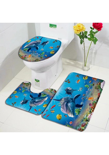46SE-3 Adet Set 40X60CM-15.7X23.6IN Komik Yunus Banyo Paspas Seti Deniz Kaplumbağası Balık Hayvan Sualtı Manzara Çocuk Banyo Dekor Halı Kaymaz Halı Tuvalet Kapağı Paspaslar (Yurt Dışından)