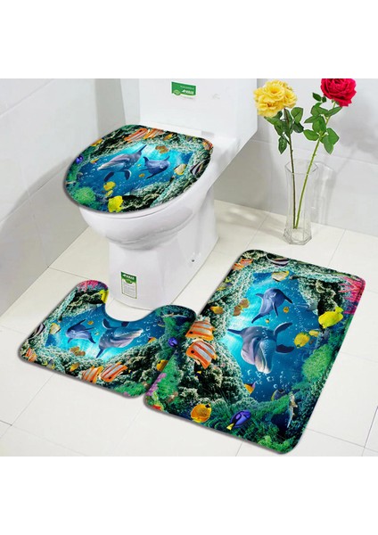 46SE-3 Adet Set 40X60CM-15.7X23.6IN Komik Yunus Banyo Paspas Seti Deniz Kaplumbağası Balık Hayvan Sualtı Manzara Çocuk Banyo Dekor Halı Kaymaz Halı Tuvalet Kapağı Paspaslar (Yurt Dışından)