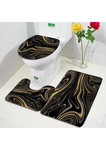 DD-4443A 40X60CM-15.7X23.6IN Zümrüt Yeşili Mermer Banyo Paspas Seti Altın Çizgi Siyah Dokulu Desen Modern Geometrik Banyo Dekor Kaymaz Halı Tuvalet Kapağı Kapağı (Yurt Dışından)