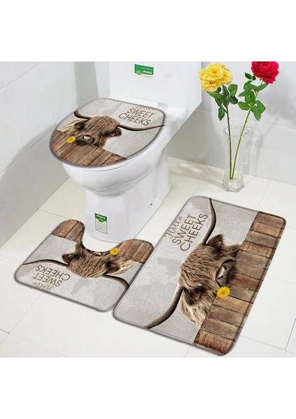 84AH-3PCS Set 60X40CM-23.6X15.7IN Çiftlik Hayvanı Yayla Inek Kapı Paspasları Kahverengi Sığır Çim Retro Ahşap Pazen Banyo Paspas Ev Odası Mutfak Banyo Dekor Kaymaz Halı (Yurt Dışından)