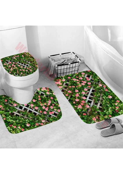 YM210323 Resimde Gösterildiği Gibi Lüks Gül Baskı 3 Parça Set Iki Kuğu Avrupa Tarzı Banyo Paspasları Kaymaz Banyo Paspas Seti Yıkanabilir Tuvalet Halıları Halı Ev Dekor (Yurt Dışından)
